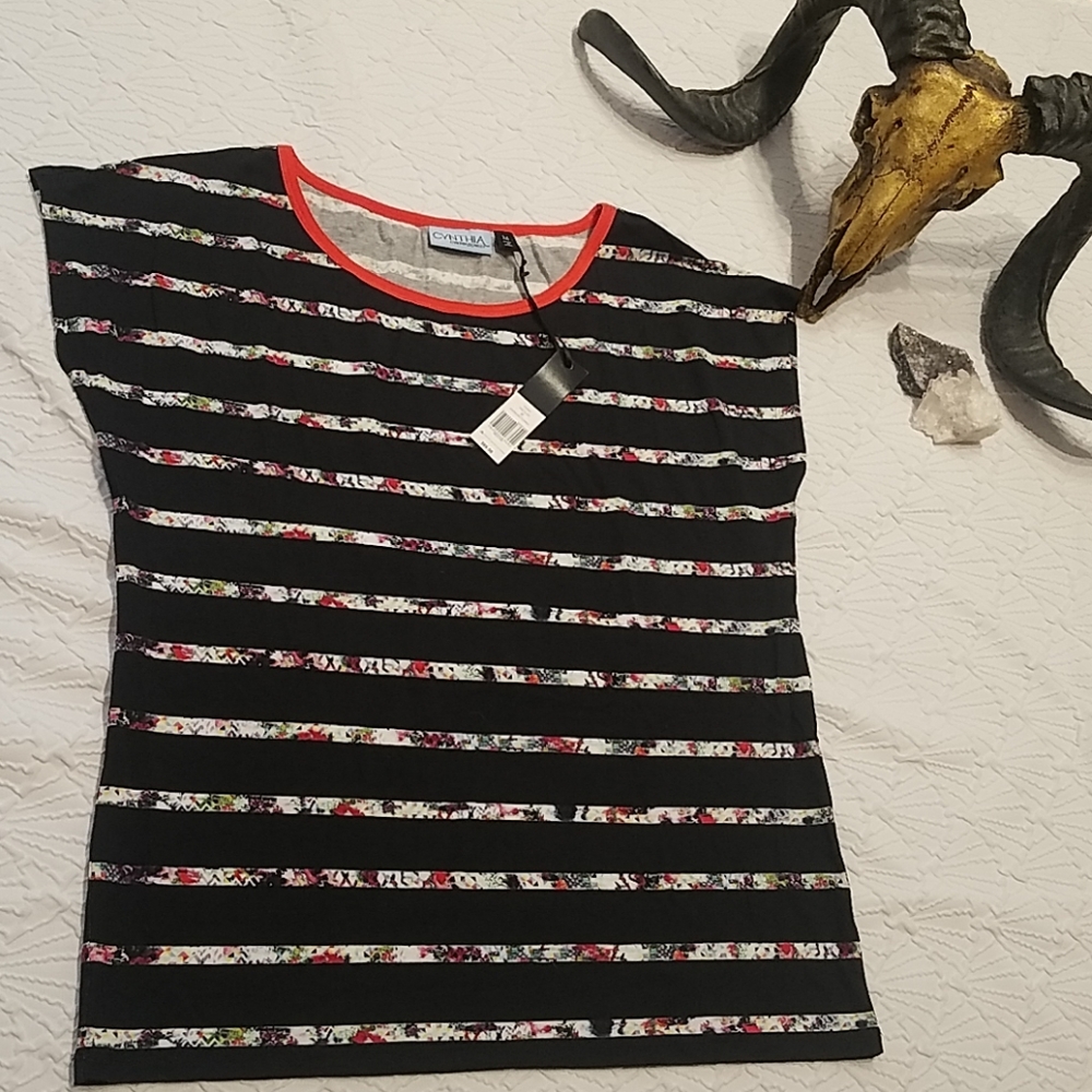 Cynthia Rowley Black Striped T shirt M NWT